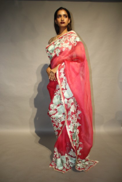 Buy Pink Tissue Floral Embroidered Saree For Women by Dev R Nil